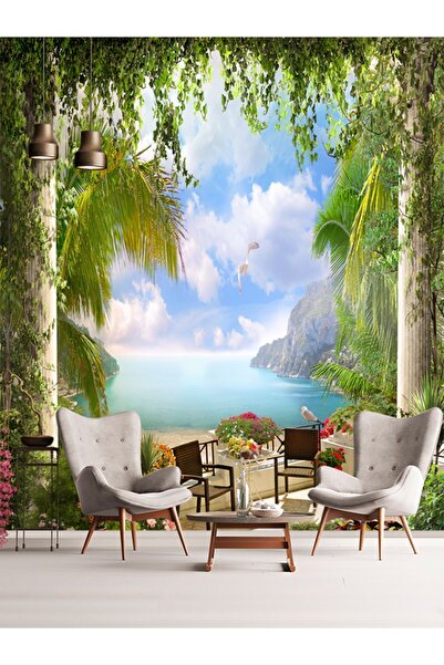 dreamwall Deniz Manzaralı Balkon Desenli Tekstil Duvar Kağıdı