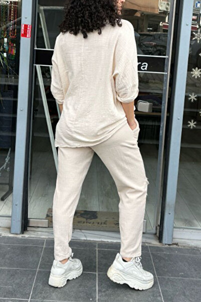 AYASOFYA OTANTIK Μπεζ ελαστική μέση Madam Tower απλικέ μοτίβο αστεριών Air Holder με τσέπη στο ένα τμήμα