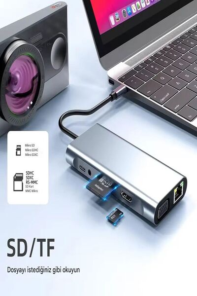 ULTRATEKNO 11 in 1 Type-c To Usb Hub Port Uyumlu Adaptör Hdmı 4x Usb Lan Vga Sd Card Çevirici Çoklayıcı