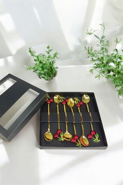 Comprox طقم ملاعق شاي الكرز مكون من 6 قطع طقم ملاعق شاي مزخرفة