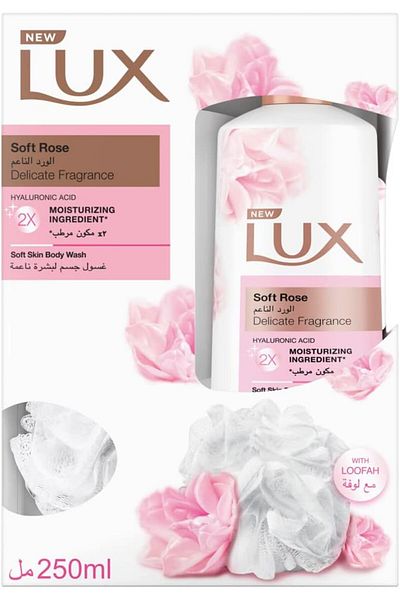 LUX BODY WASH SOFT ROSE WITH LOOFAH 250ML