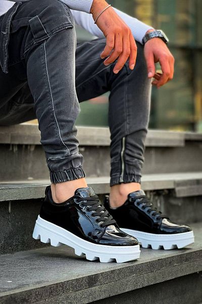 Joy Man J056 Pantofi sport pentru bărbați, cu talpă ortopedică, cu șireturi, din piele lăcuită, BT negru