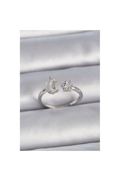 Skygo Brass Silver Color Pearl Crescent Zircon Stone Star Adjustable Women's Ring - Tj-Byk3361