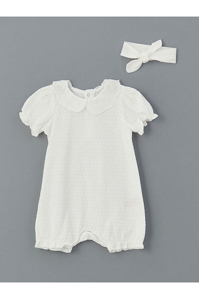 LC Waikiki Ecru Embroidered Baby Girl Jumpsuit and Headband Set of 2
