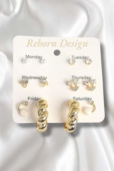 REBORN DESIGN Brass Gold Color Zircon Stone Spiral Hoop Model 6-Piece Women's Earring Set