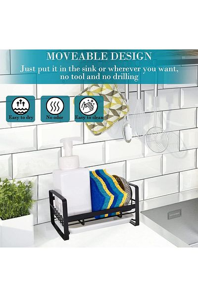 COOYA Sponge Holder, Kitchen Sink Caddy, Sink Tray Drainer Rack, Soap Dish Dispenser Brush Holder (Black)