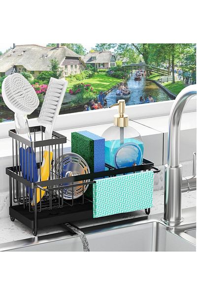 COOYA Sponge Holder, for Kitchen Sink with Auto Draining Tray, Rustproof 304 Stainless Steel