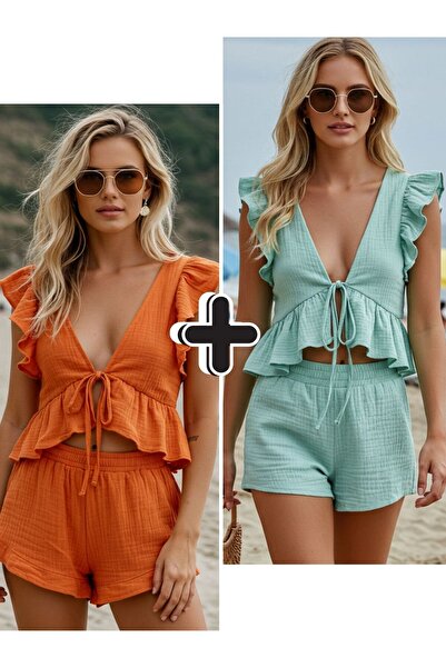 Combattente Organic Muslin Set of 2 Shorts, Tie-Up, Drawstring, Trendy 100% C...