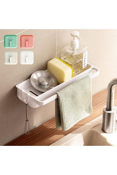 COOYA White Sponge Holder with 4 Hooks for Sink Organizer Hanging No Drilling, with Drip Tray