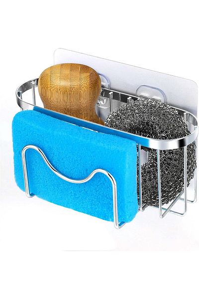 COOYA Sponge Holder, 3-in-1 Stainless Steel Sink Caddy, M-Shaped Hanging Sink Organizer Rack, Silver