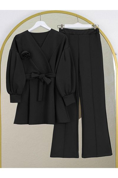 MACMODA Belted Waist Cross Collar Balloon Sleeve Suit Double Fabric