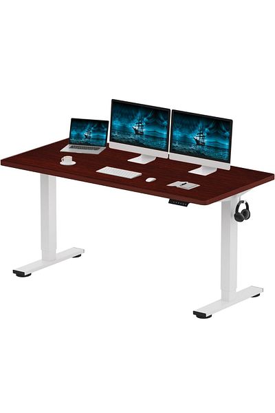 Mahmayi FlexiSpot Modern Adjustable Standing Desk Ergonomic 150x60 cm - MIH Mahogany and White