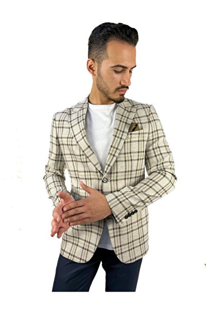 AGUSTİNİ Ekru Renk Ekose Blazer Tek Ceket Sivri Yaka Regular Fit | Agustini
