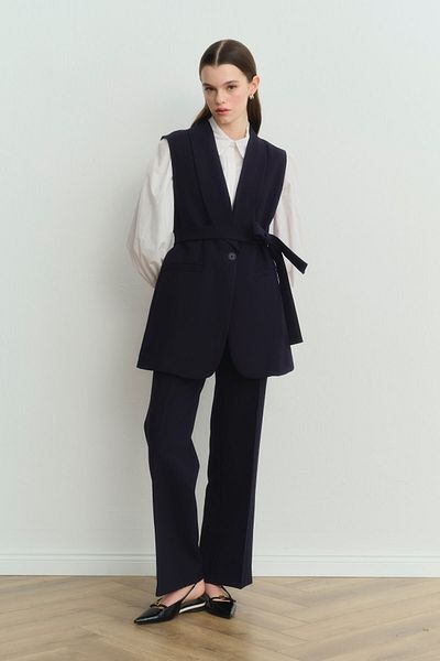 Hooopstore Navy Blue Crepe Set - Shawl Collar and Vest