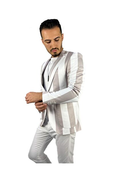 AGUSTİNİ Gri Beyaz Şerit Desen Torba Cep Blazer Tek Ceket Slim Fit | Agustini