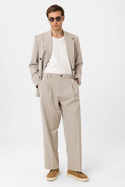 Antioch Beige High Waist Relax Fit Pleated Men's Trousers