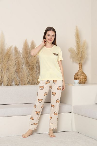 FAMES PİJAMA Yellow Color Sober Pajama Set Combed Cotton