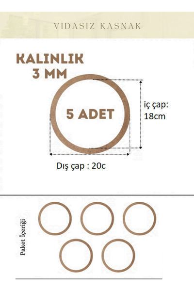 Rapithwin 20 cm Vidasız Ahşap Kasnak, 5 Adet, 3 mm (2,7 mm) Kalınlık