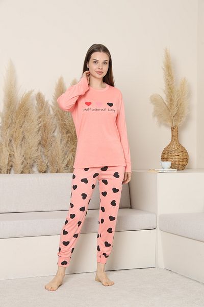 FAMES PİJAMA Women's Long Sleeve Heart Dezen Rafat Pajama Set Combed Cotton