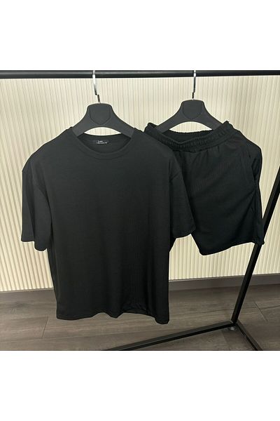 CAST COLLECTİON Men's Black Corded Ottoman Fabric Shorts Tshirt Suit