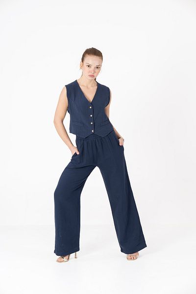 VerdeBlanco Navy Blue Cotton Vest and Palazzo Suit