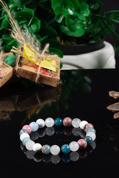 Ssilhoutte Doğaltaş Certified Natural Stone Women's Design Bracelet, Pink Quartz, Apatite, Moonstone Aquamarine Gift for Lover