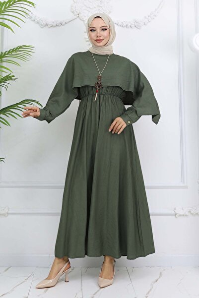 benguen Collar Detailed Necklace Dress Khaki 4809