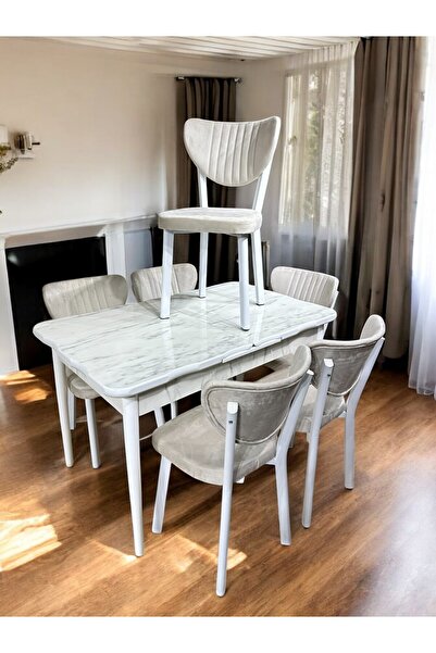 EVLA Mobilya 6 KİŞİLİK YEMEK MASASI BEYAZ MASA KREM SANDALYE (MARMO)