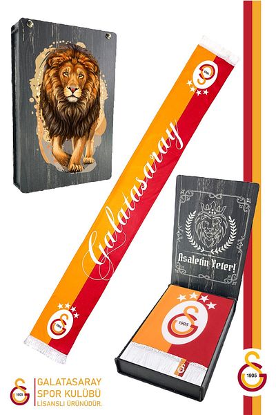Galatasaray Оригинален лицензиран двустранен щампован шал с лъвски щампован дървена кутия