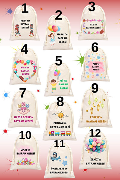 EMT BASKI İsimli Bayram Harçlığı Şeker Kesesi - 20x30 Cm - Ağzı Büzgülü Bez Harçlık Kesesi (ADET FİYATIDIR)