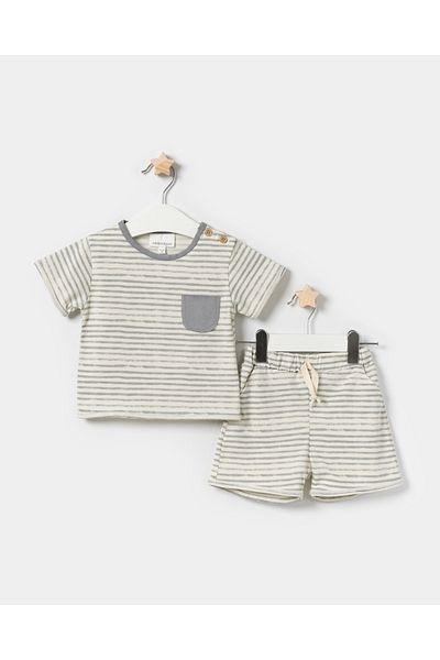 Minipodyum Baby Boy Pocket T-Shirt Shorts Striped Summer Double Set