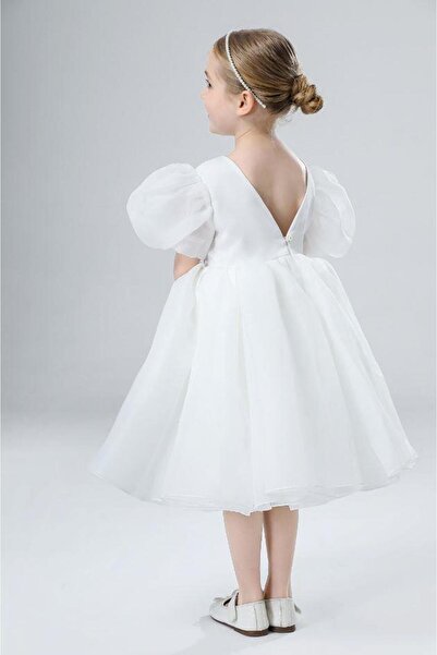 Mashotrend Balloon Sleeve Organza Design Evening Dress Crystal Tulle Organza Evening Dress Girls' Dress Children's Evening Dress