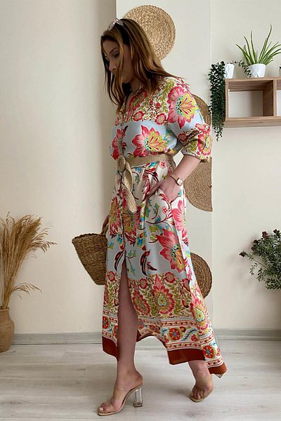 İstangül Butik Φόρεμα πουκάμισο από βαμβακερό βισκόζη με σχέδιο Maxi Size