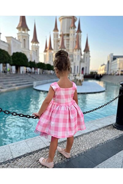 Anne Kız Tasarım Pembe Ekose  Elbise