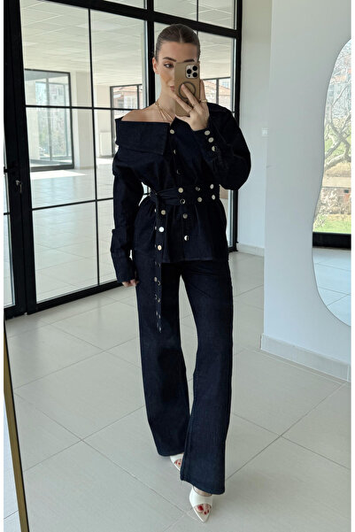 My Blog Sötétkék aszimmetrikus gallérú farmer öltöny fém kiegészítőkkel - 253174