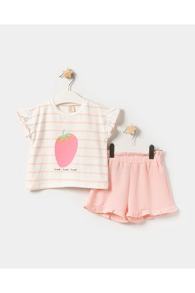 Minipodyum Girl's Striped T-Shirt Shorts Summer Waffle Two Piece Set