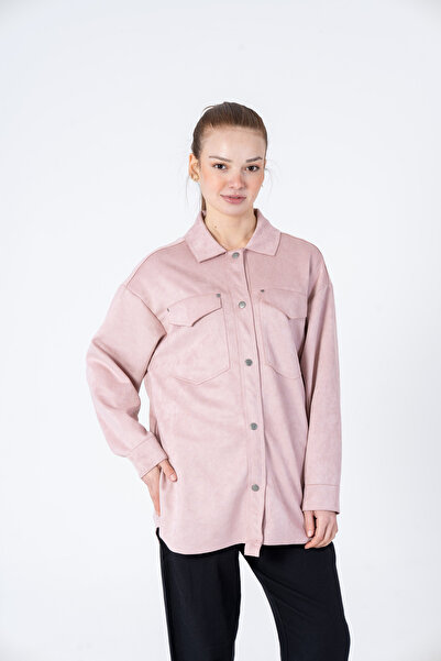 VerdeBlanco Cep Detaylı Süet Gömlek Pudra