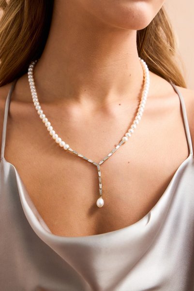 birinci 1926 14 Ayar Altın 6 mm Baget Zirkon Taşlı Doğal İnci Kolye