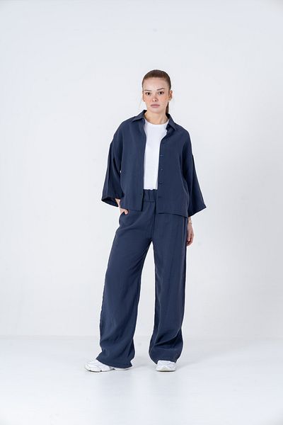 VerdeBlanco Oversize Palazzo Trousers and Shirt Set Navy Blue