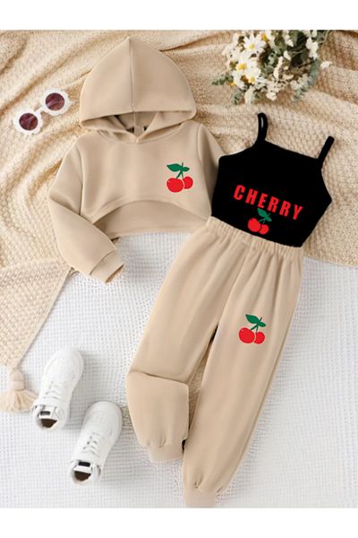 MELADYAN Girl's Cherry Printed 3-Piece Super Crop Set