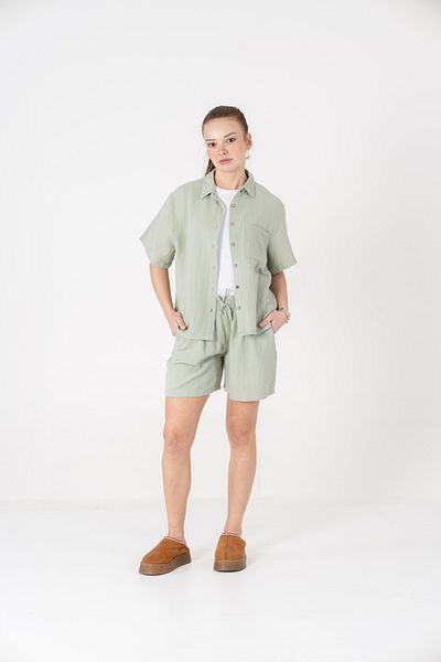 VerdeBlanco 100% Cotton Oversize Shorts and Shirt Set Mint Green