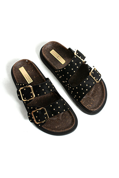 Gökçe Shoes VALERİE SİYAH SÜET TROK DETAY TOKALI KADIN TERLİK