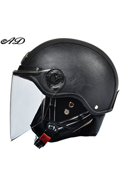Choice خوذة دراجة نارية سوداء 2 AD ريترو مع خوذة جلدية Harley Visor للرجال در...