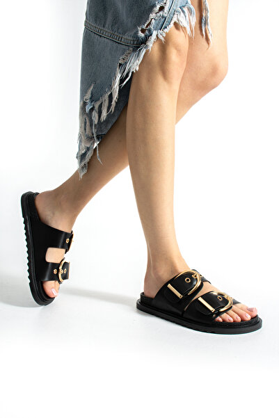 Gökçe Shoes EİDA SİYAH MAT ÇİFT KEMER TOKA DETAY KADIN TERLİK