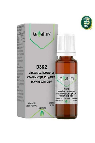 VeNatura D3K2 Vitamin D3 and K2 (11.25 Mcg Mk-7) Drops 20 ml - 5 Pieces