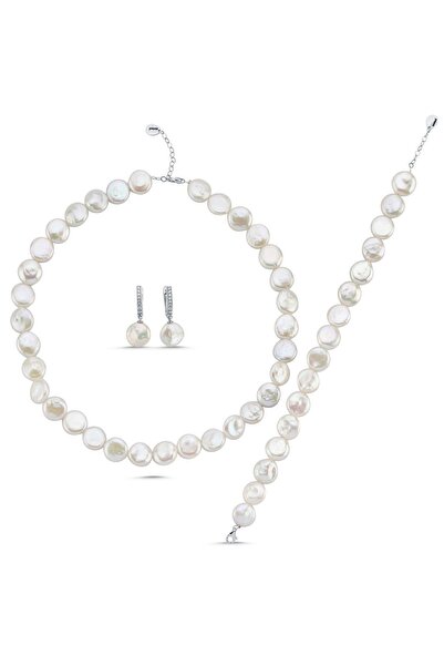 birinci 1926 14 Ayar Altın 12 mm Para İnci Kolye Bileklik Küpe Üçlü Set