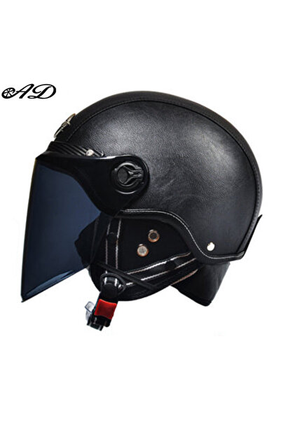 Choice خوذة دراجة نارية سوداء 4 AD Retro مع خوذة جلدية Harley Visor للرجال لل...