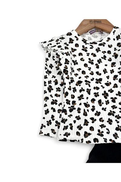 ribana Shoulder Ruffled Ribbed Spanish Leg Leopard Girl's Double Set