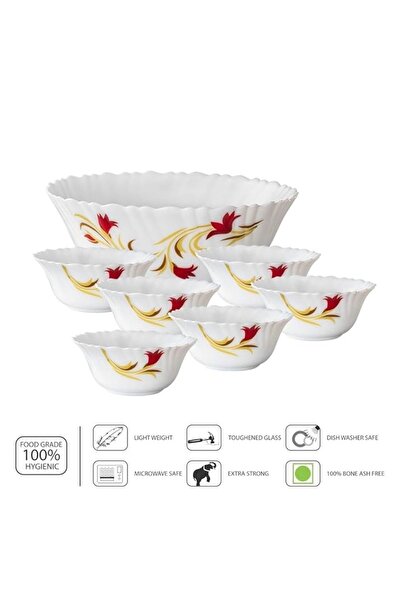 British Chef 7 Piece Opalware Red Lily Pudding Set, 1 Piece Serving & 6 Piece Veg Bowls Bc2010