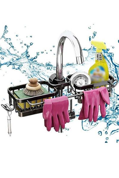 COOYA Faucet Sponge Holder, Upgraded Kitchen Sink Caddy Organizer with Dish Towels Drying Rack & Hooks